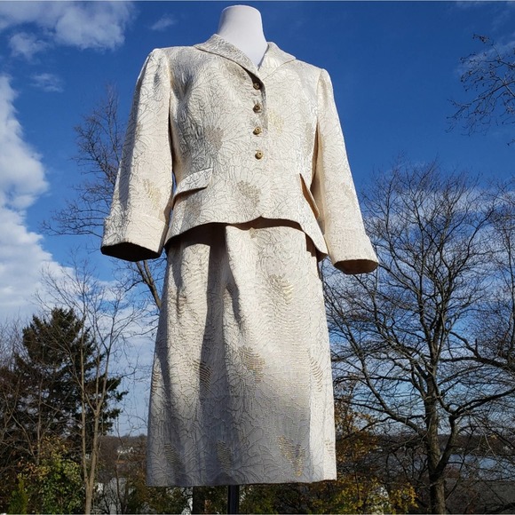 JONES NY Dress Jacket Cream Gold Metallic Formal Silk Set Floral Brocade 12 - Picture 15 of 16